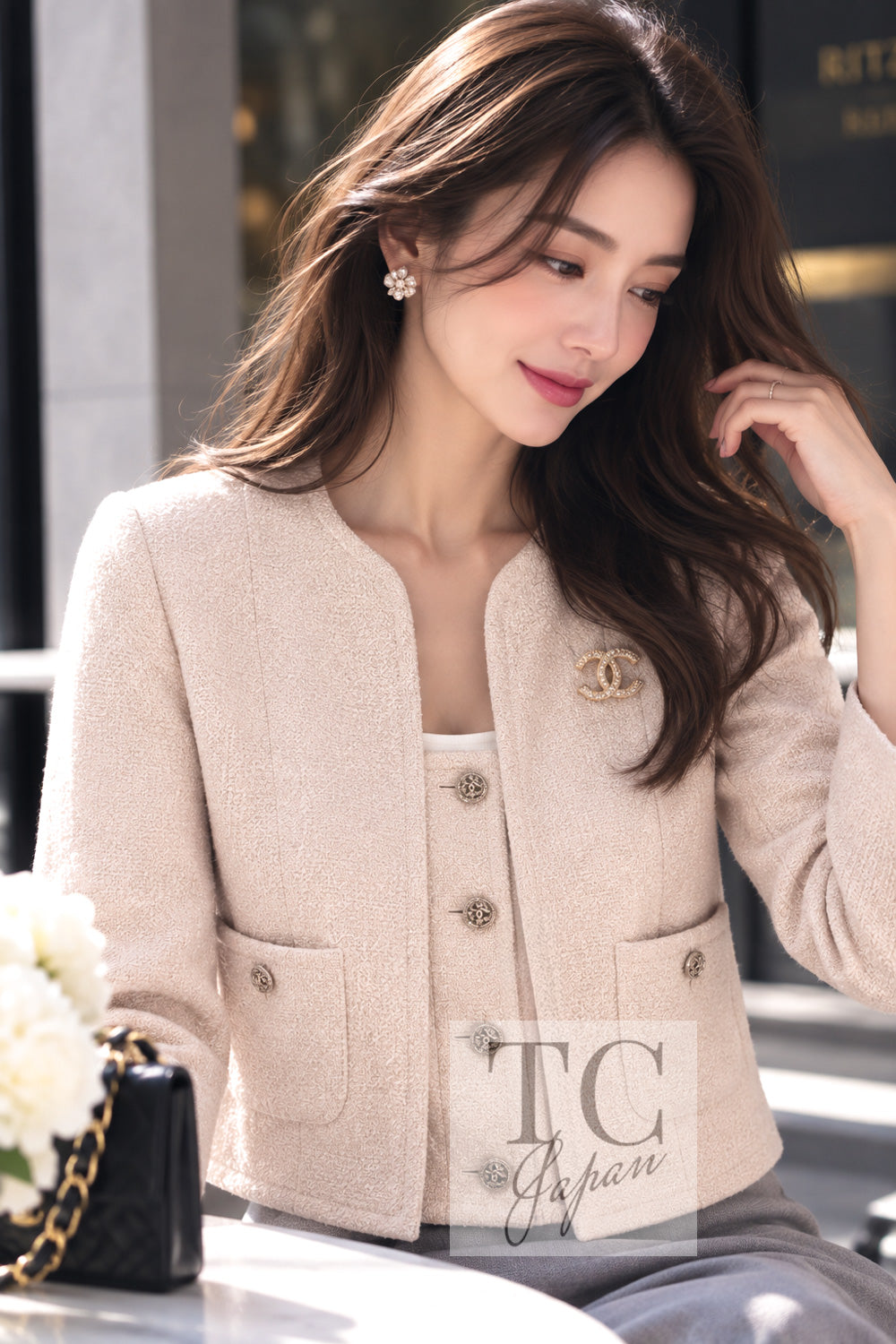 シャネル ジャケット CHANEL 14C ベージュ CC ボタン クロップド CC