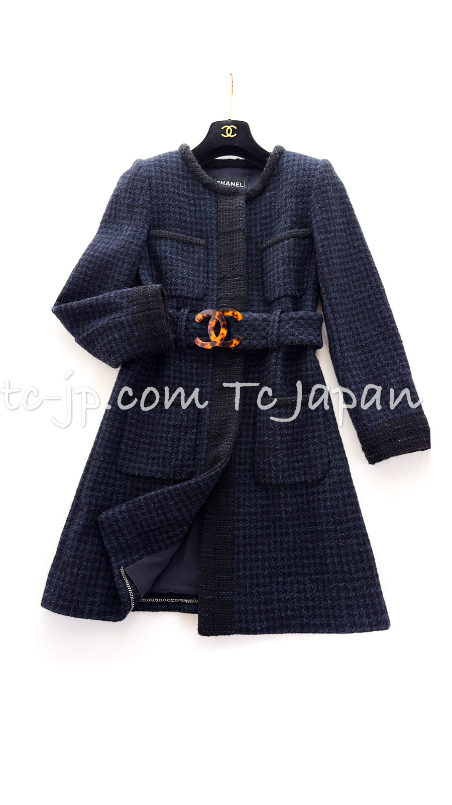CHANEL 17B Navy Black BIG CC Logo Belt Jacket Coat 36 シャネル ネイビー ブラック ビッグ CC ロゴ ベルト付 ノーカラー ジャケット コート 即発
