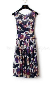 CHANEL 10C Navy Multicolor Flower Silk Dress  34 36 38 シャネル ネイビー マルチカラー フラワー シルク100 ワンピース