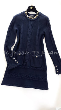 CHANEL 18PF Navy Wool Cashmere Dress Knit Sweater 38 40 42 シャネル ネイビー・ウール・カシミア・ケーブル・ニット・ワンピース・セーター 即発