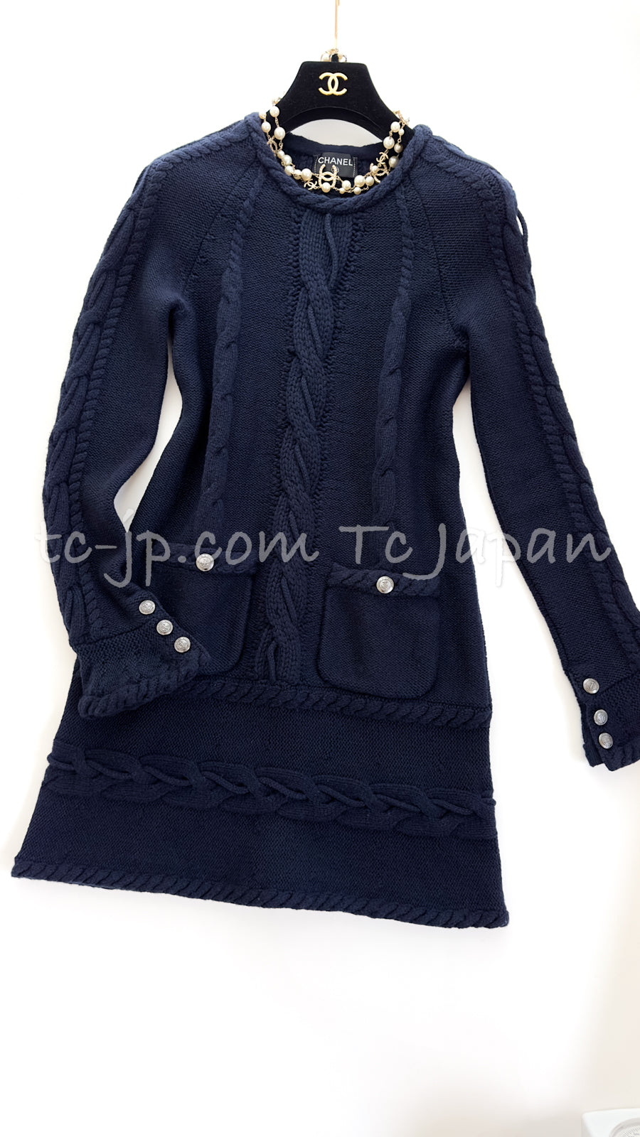 CHANEL 18PF Navy Wool Cashmere Dress Knit Sweater 38 40 42 シャネル ネイビー・ウール・カシミア・ケーブル・ニット・ワンピース・セーター 即発