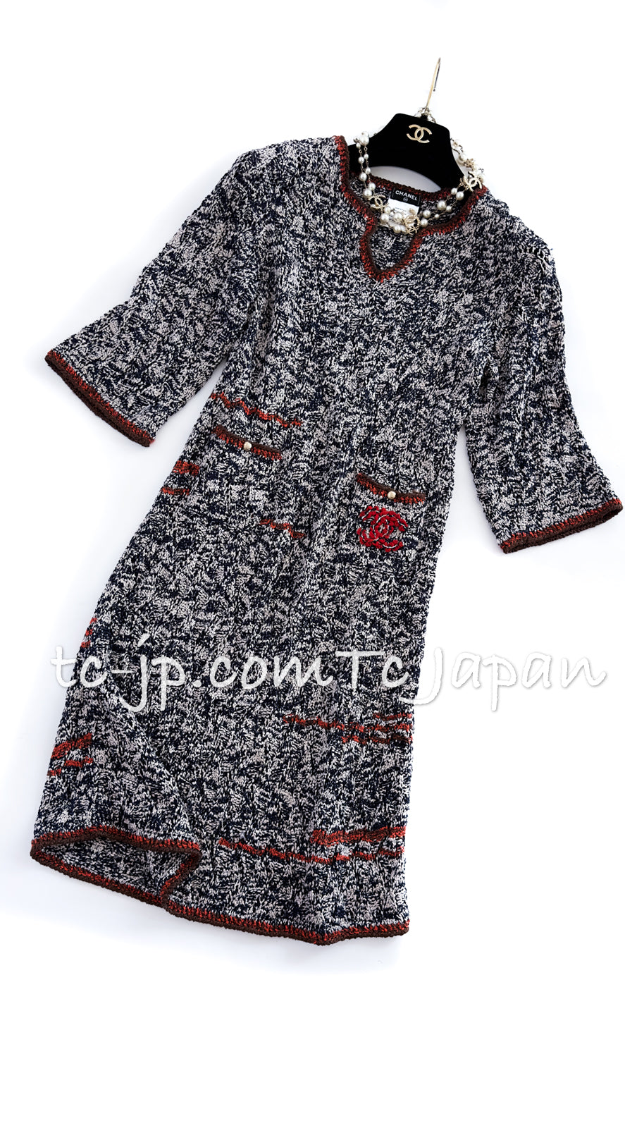 シャネル ワンピース CHANEL ネイビー ベージュ CCロゴ クロシェット ニット 11S Navy Beige CC Logo Knit  Dress – TC JAPAN