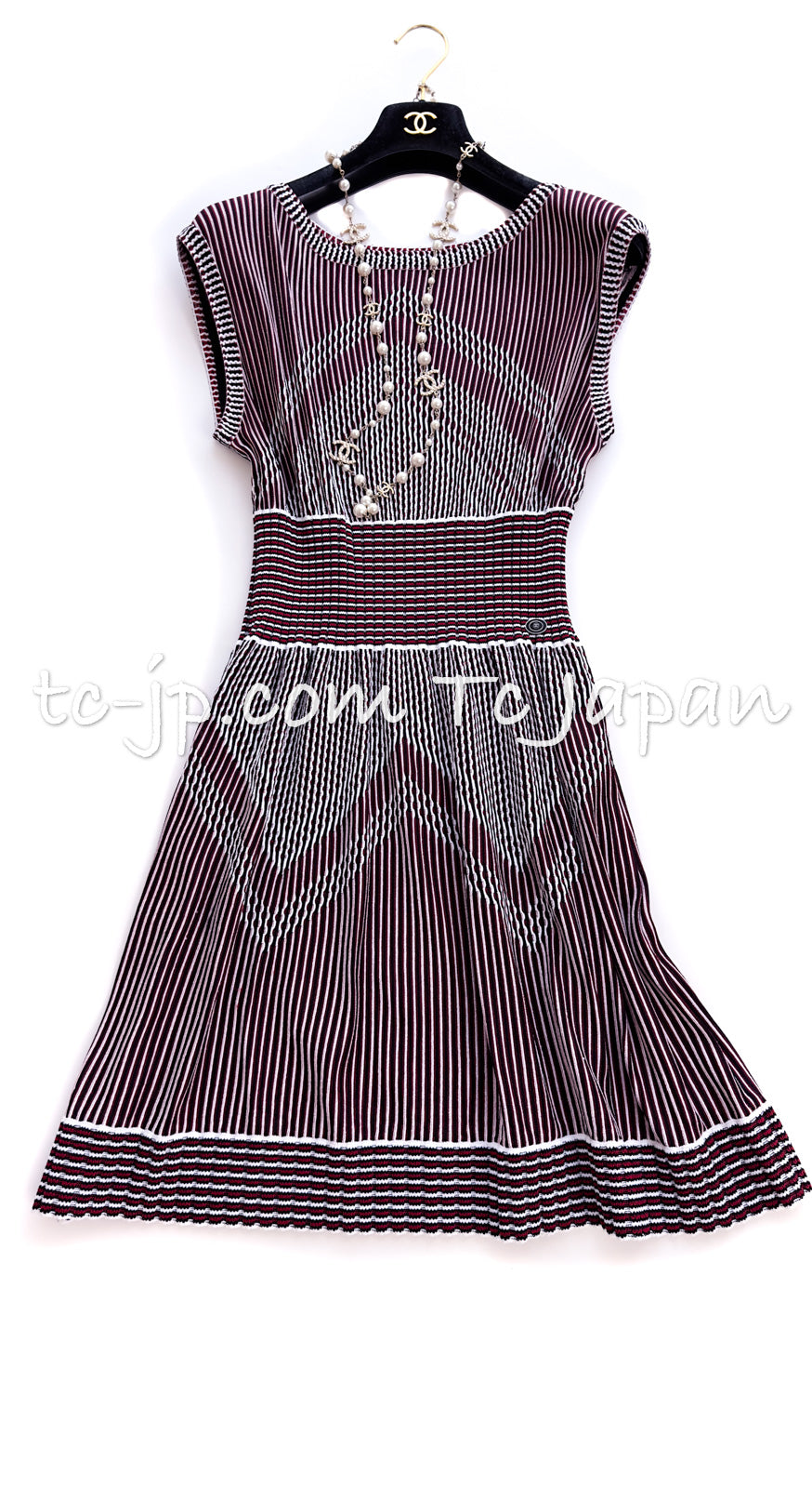 CHANEL 14S Wine Red Black White Stripe Stretch Knit Dress 40 42 シャネル ワイン レッド ブラック ホワイト ストライプ ストレッチ ニット ワンピース 即発