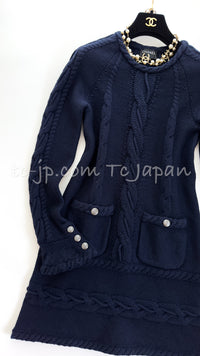 CHANEL 18PF Navy Wool Cashmere Dress Knit Sweater 38 40 42 シャネル ネイビー・ウール・カシミア・ケーブル・ニット・ワンピース・セーター 即発