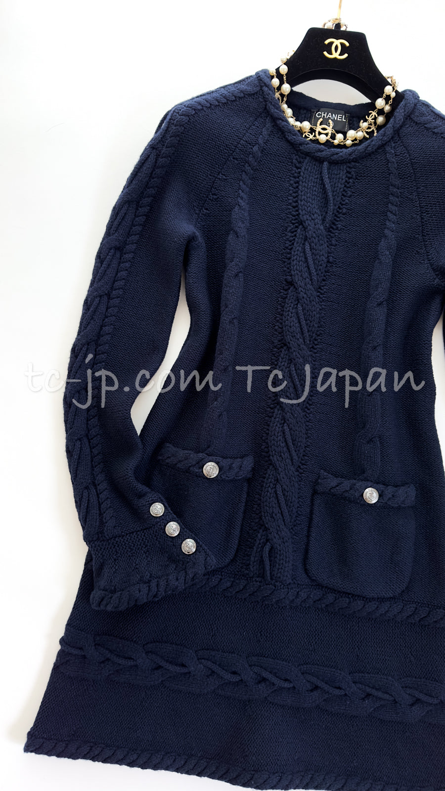 CHANEL 18PF Navy Wool Cashmere Dress Knit Sweater 38 40 42 シャネル ネイビー・ウール・カシミア・ケーブル・ニット・ワンピース・セーター 即発