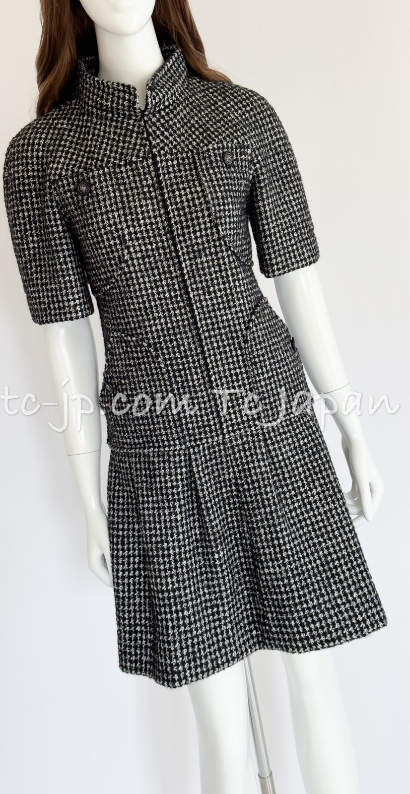 CHANEL 14B Black White Wool Silk Tweed Dress 34 シャネル ブラック ホワイト ウール シルク ツイード ワンピース 即発