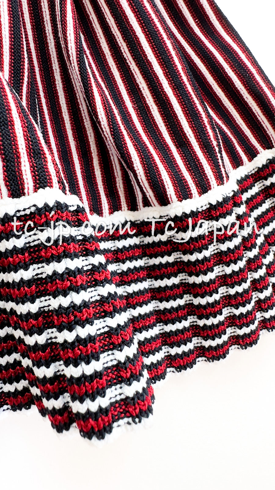 CHANEL 14S Wine Red Black White Stripe Stretch Knit Dress 40 42 シャネル ワイン レッド ブラック ホワイト ストライプ ストレッチ ニット ワンピース 即発