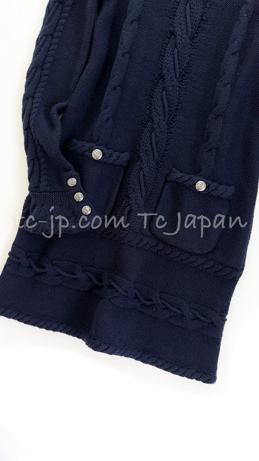 CHANEL 18PF Navy Wool Cashmere Dress Knit Sweater 38 40 42 シャネル ネイビー・ウール・カシミア・ケーブル・ニット・ワンピース・セーター 即発