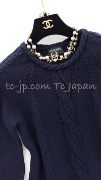 CHANEL 18PF Navy Wool Cashmere Dress Knit Sweater 38 40 42 シャネル ネイビー・ウール・カシミア・ケーブル・ニット・ワンピース・セーター 即発