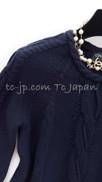 CHANEL 18PF Navy Wool Cashmere Dress Knit Sweater 38 40 42 シャネル ネイビー・ウール・カシミア・ケーブル・ニット・ワンピース・セーター 即発