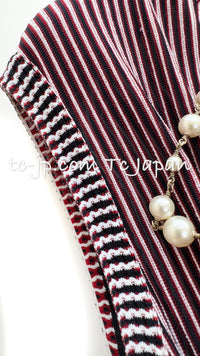 CHANEL 14S Wine Red Black White Stripe Stretch Knit Dress 40 42 シャネル ワイン レッド ブラック ホワイト ストライプ ストレッチ ニット ワンピース 即発
