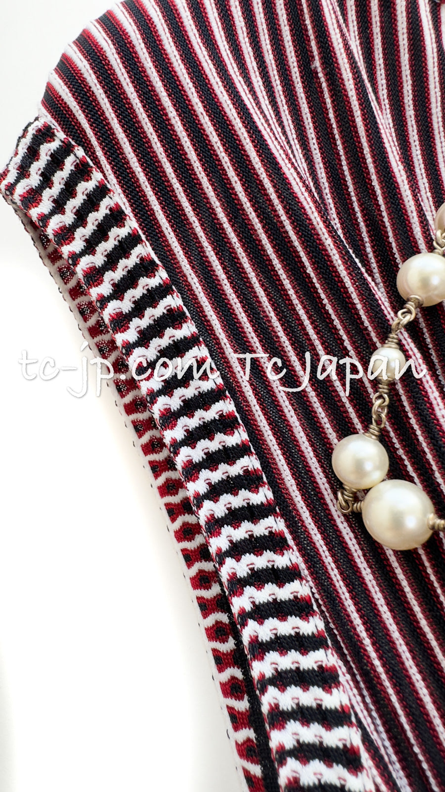 CHANEL 14S Wine Red Black White Stripe Stretch Knit Dress 40 42 シャネル ワイン レッド ブラック ホワイト ストライプ ストレッチ ニット ワンピース 即発