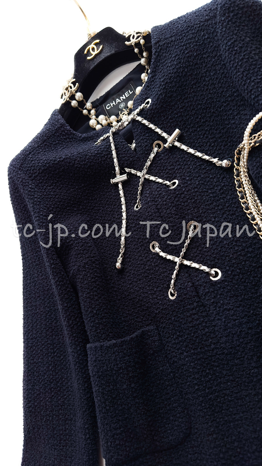 CHANEL 21PS Navy Chain Link Accent Cotton Dress 34 シャネル ネイビー チェーン装飾 コットン ワンピース 即発