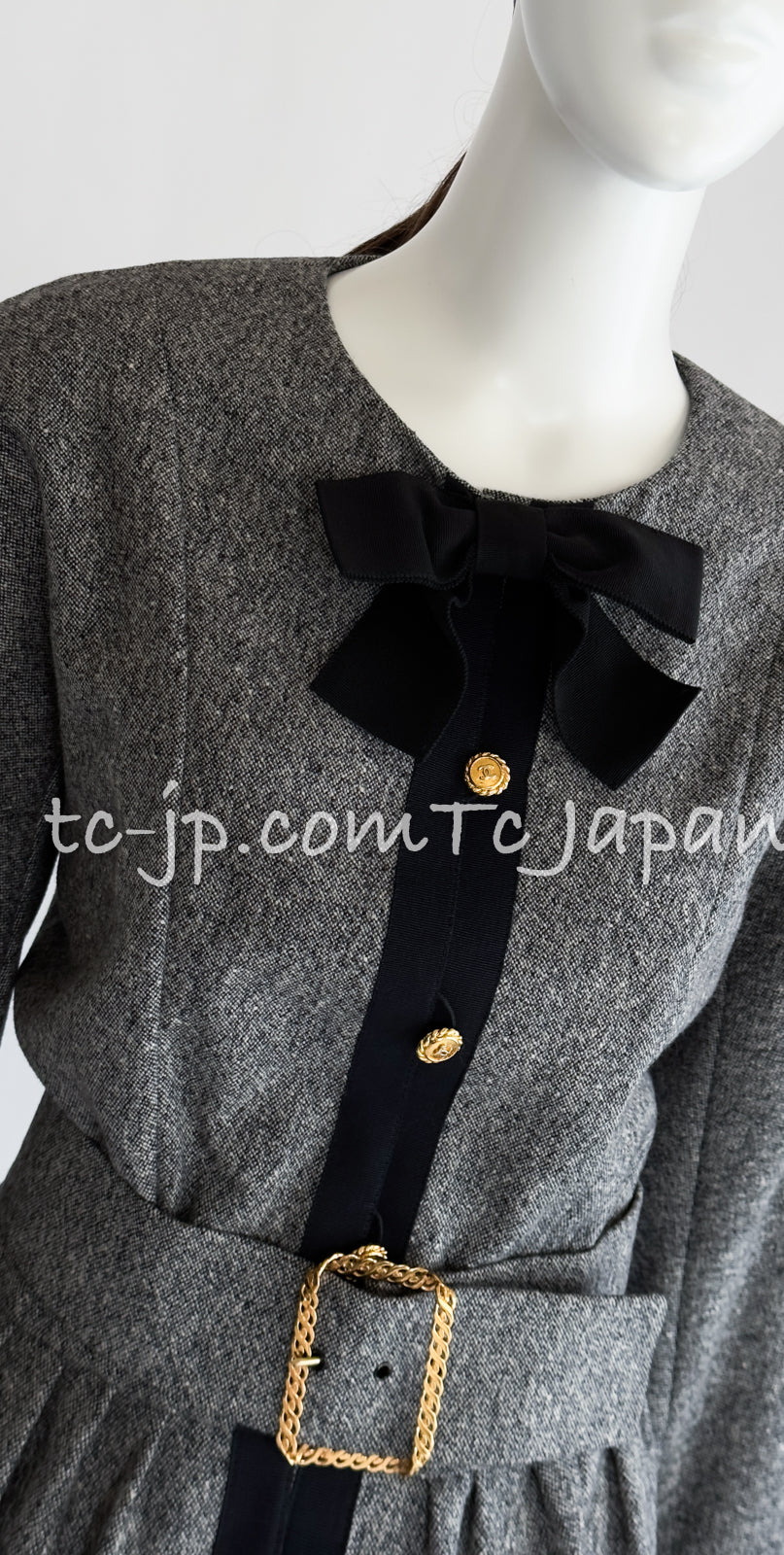 CHANEL 88A Vintage Naomi Campbell Gray Ribbon Bow Dress 40 シャネル ヴィンテージ・グレー・リボン・ワンピース 即発
