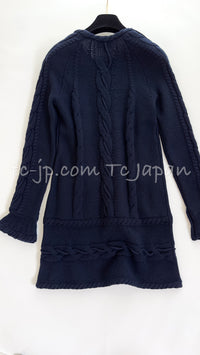 CHANEL 18PF Navy Wool Cashmere Dress Knit Sweater 38 40 42 シャネル ネイビー・ウール・カシミア・ケーブル・ニット・ワンピース・セーター 即発
