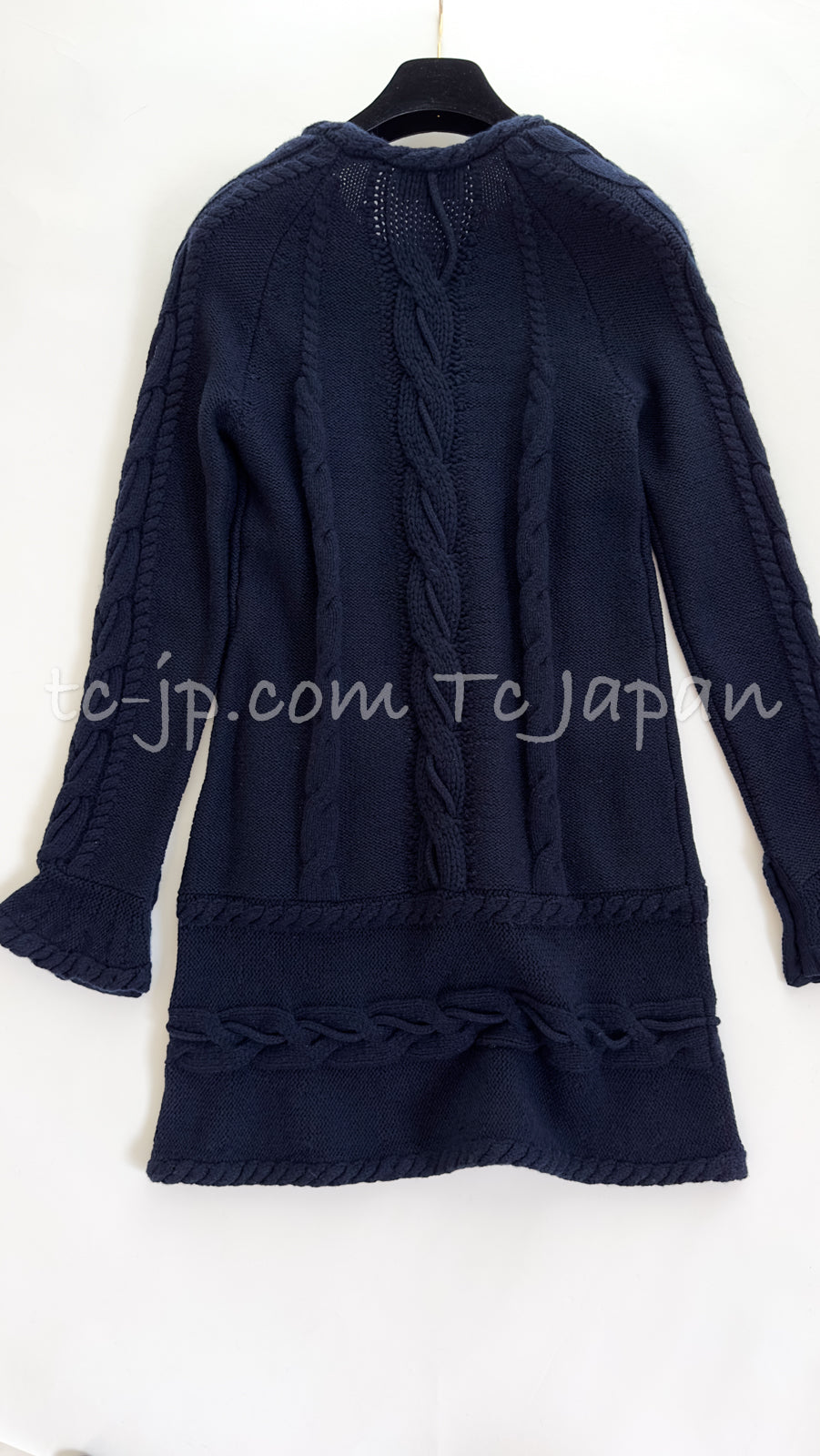 CHANEL 18PF Navy Wool Cashmere Dress Knit Sweater 38 40 42 シャネル ネイビー・ウール・カシミア・ケーブル・ニット・ワンピース・セーター 即発