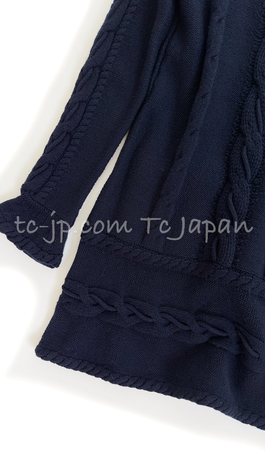 CHANEL 18PF Navy Wool Cashmere Dress Knit Sweater 38 40 42 シャネル ネイビー・ウール・カシミア・ケーブル・ニット・ワンピース・セーター 即発