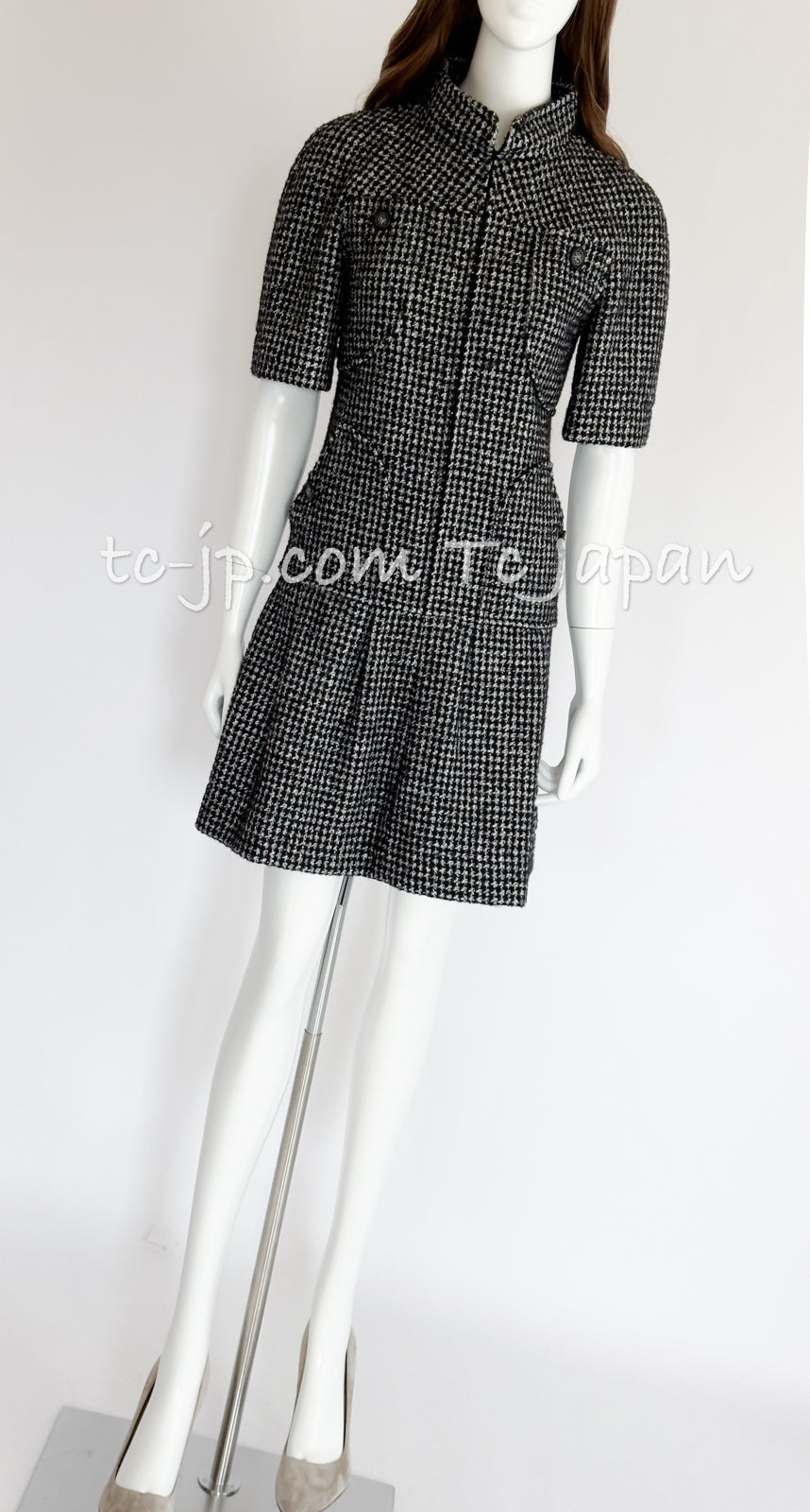 CHANEL 14B Black White Wool Silk Tweed Dress 34 シャネル ブラック ホワイト ウール シルク ツイード ワンピース 即発
