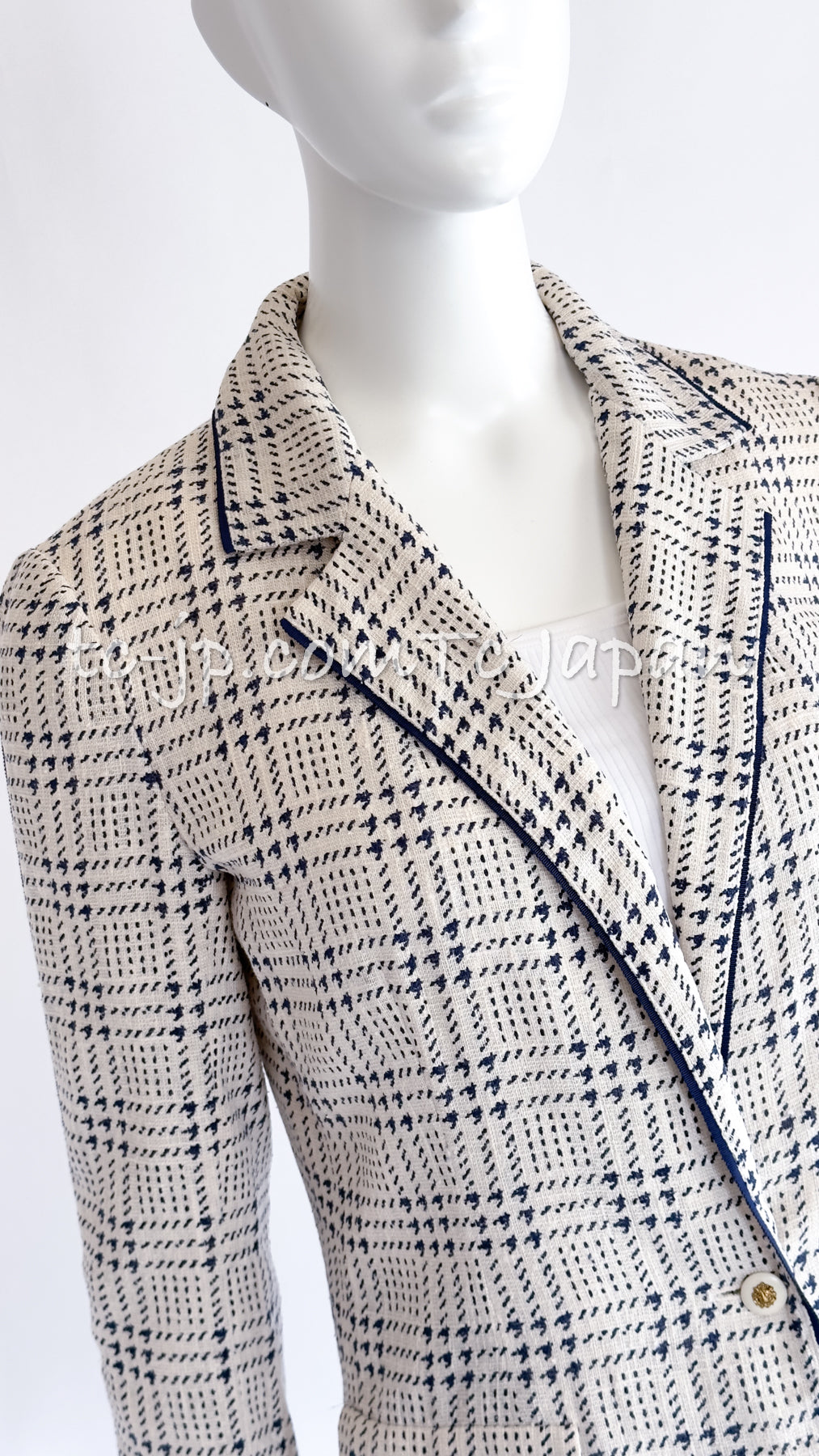CHANEL 80's Vintage White Navy Silk Jacket Skirt Suit 34 シャネル ヴィンテージ ホワイト ネイビー シルク ジャケット スカート スーツ 即発