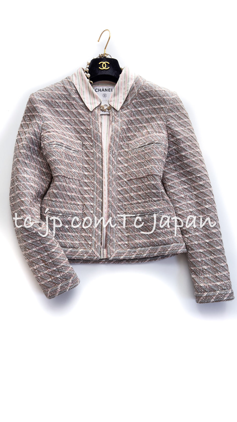 CHANEL 03S Gray Ivory Pink Striped Brouse Tweed Jacket 36 シャネル  グレー・アイボリー・ピンク・ストライプ・ツイード・ジャケット 即発