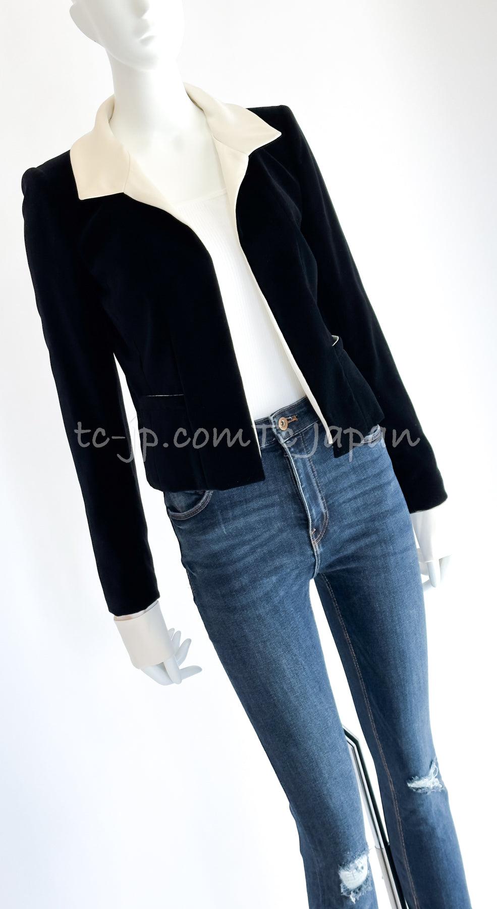 CHANEL 03A Black Ivory Collar Velvet Cotton Jacket 38 シャネル ブラック アイボリー 襟  ベルベット コットン ジャケット 即発