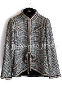 CHANEL 10C Black Ivory Gold Stand Collar Tweed Jacket Skirt Suit 34 40 シャネル ブラック アイボリー ゴールド スタンドカラー ツイード ジャケット スカート スーツ 即発