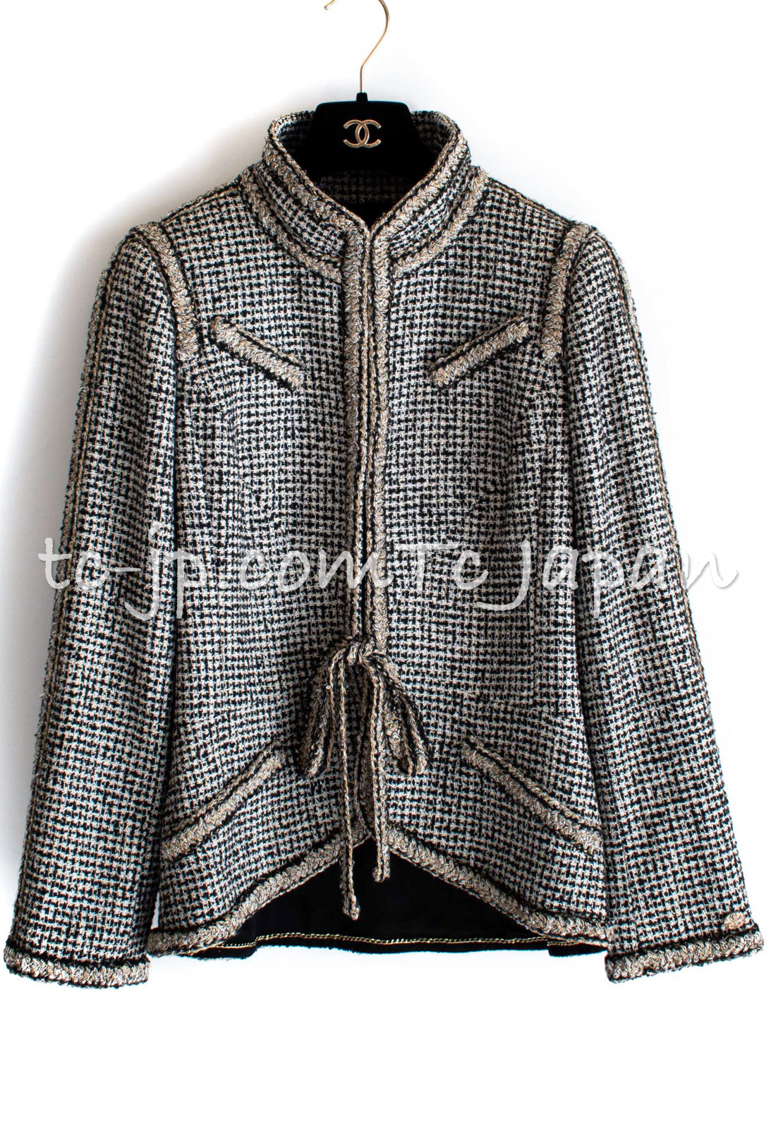 CHANEL 10C Black Ivory Gold Stand Collar Tweed Jacket Skirt Suit 34 40 シャネル ブラック アイボリー ゴールド スタンドカラー ツイード ジャケット スカート スーツ 即発
