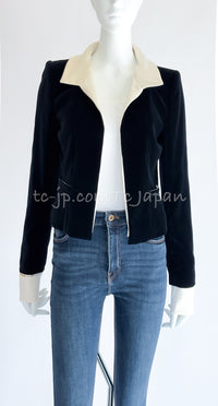 CHANEL 03A Black Ivory Collar Velvet Cotton Jacket 38 シャネル ブラック アイボリー 襟  ベルベット コットン ジャケット 即発