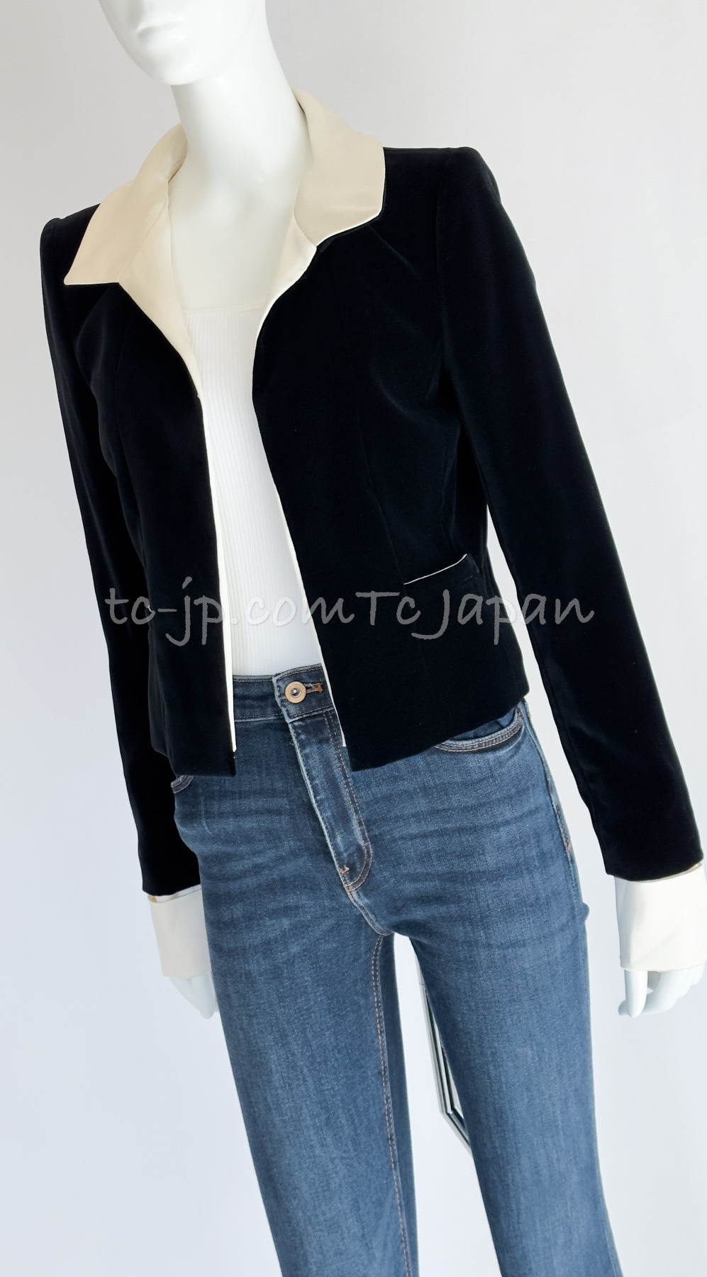 CHANEL 03A Black Ivory Collar Velvet Cotton Jacket 38 シャネル ブラック アイボリー 襟  ベルベット コットン ジャケット 即発