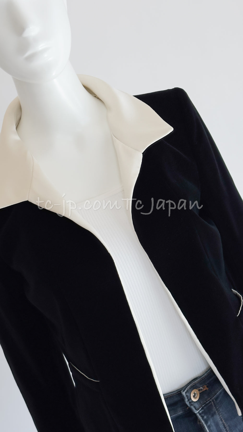 CHANEL 03A Black Ivory Collar Velvet Cotton Jacket 38 シャネル ブラック アイボリー 襟  ベルベット コットン ジャケット 即発