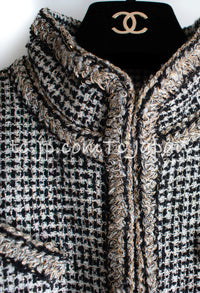 CHANEL 10C Black Ivory Gold Stand Collar Tweed Jacket Skirt Suit 34 40 シャネル ブラック アイボリー ゴールド スタンドカラー ツイード ジャケット スカート スーツ 即発