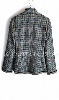 CHANEL 10C Black Ivory Gold Stand Collar Tweed Jacket Skirt Suit 34 40 シャネル ブラック アイボリー ゴールド スタンドカラー ツイード ジャケット スカート スーツ 即発