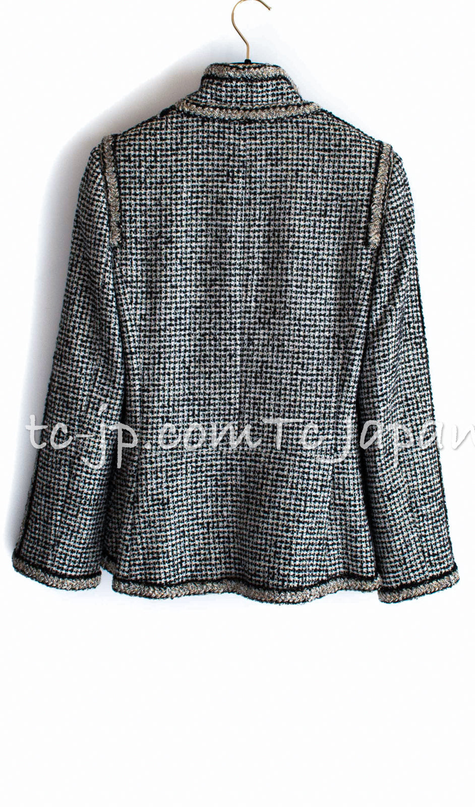 CHANEL 10C Black Ivory Gold Stand Collar Tweed Jacket Skirt Suit 34 40 シャネル ブラック アイボリー ゴールド スタンドカラー ツイード ジャケット スカート スーツ 即発