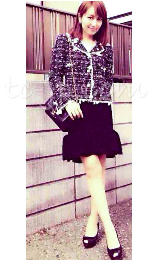 CHANEL 05C Black Creme Fringe Trimmed Tweed Jacket 36 38 シャネル ブラック クリーム フリンジトリミング ツイード ジャケット 即発