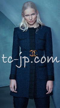 CHANEL 17B Navy Black BIG CC Logo Belt Jacket Coat 36 シャネル ネイビー ブラック ビッグ CC ロゴ ベルト付 ノーカラー ジャケット コート 即発