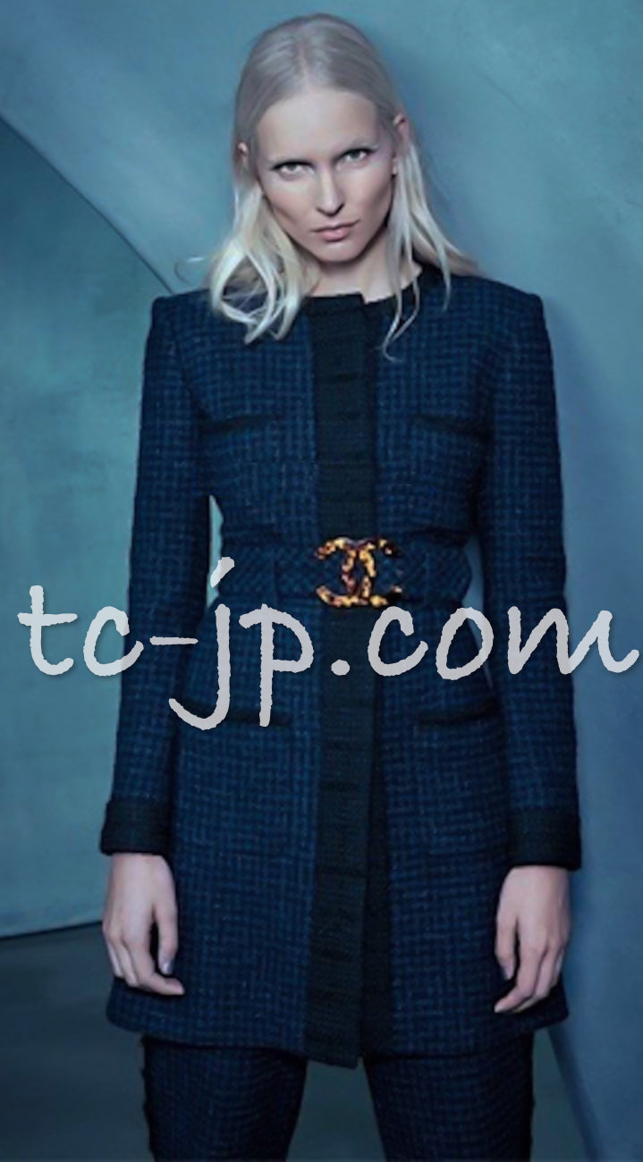 CHANEL 17B Navy Black BIG CC Logo Belt Jacket Coat 36 シャネル ネイビー ブラック ビッグ CC ロゴ ベルト付 ノーカラー ジャケット コート 即発