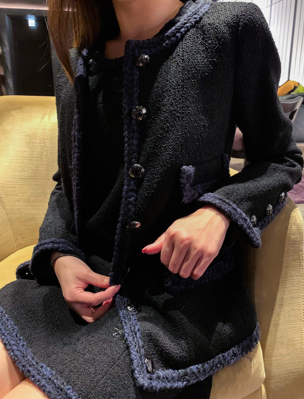 CHANEL 13A Little Black Jacket Navy Braid Trim Wool Silk Tweed 36 38 40 シャネル リトル ブラック ジャケット ネイビー ブレイド トリム ウール シルク ツイード 女優 チェ・ジュウ 即発