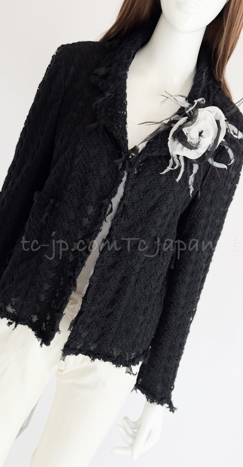 CHANEL 05C Black Chiffon Lace Camellia Buttons Jacket 38 44 シャネル ブラック・シフォン・レース・カメリアボタン・ジャケット 即発