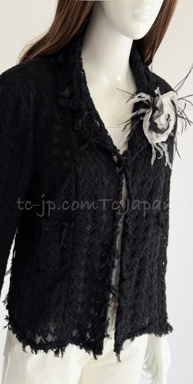 CHANEL 05C Black Chiffon Lace Camellia Buttons Jacket 38 44 シャネル ブラック・シフォン・レース・カメリアボタン・ジャケット 即発