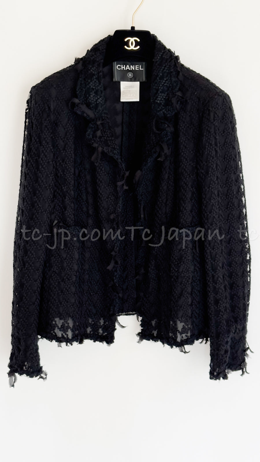 CHANEL 05C Black Chiffon Lace Camellia Buttons Jacket 38 44 シャネル ブラック・シフォン・レース・カメリアボタン・ジャケット 即発
