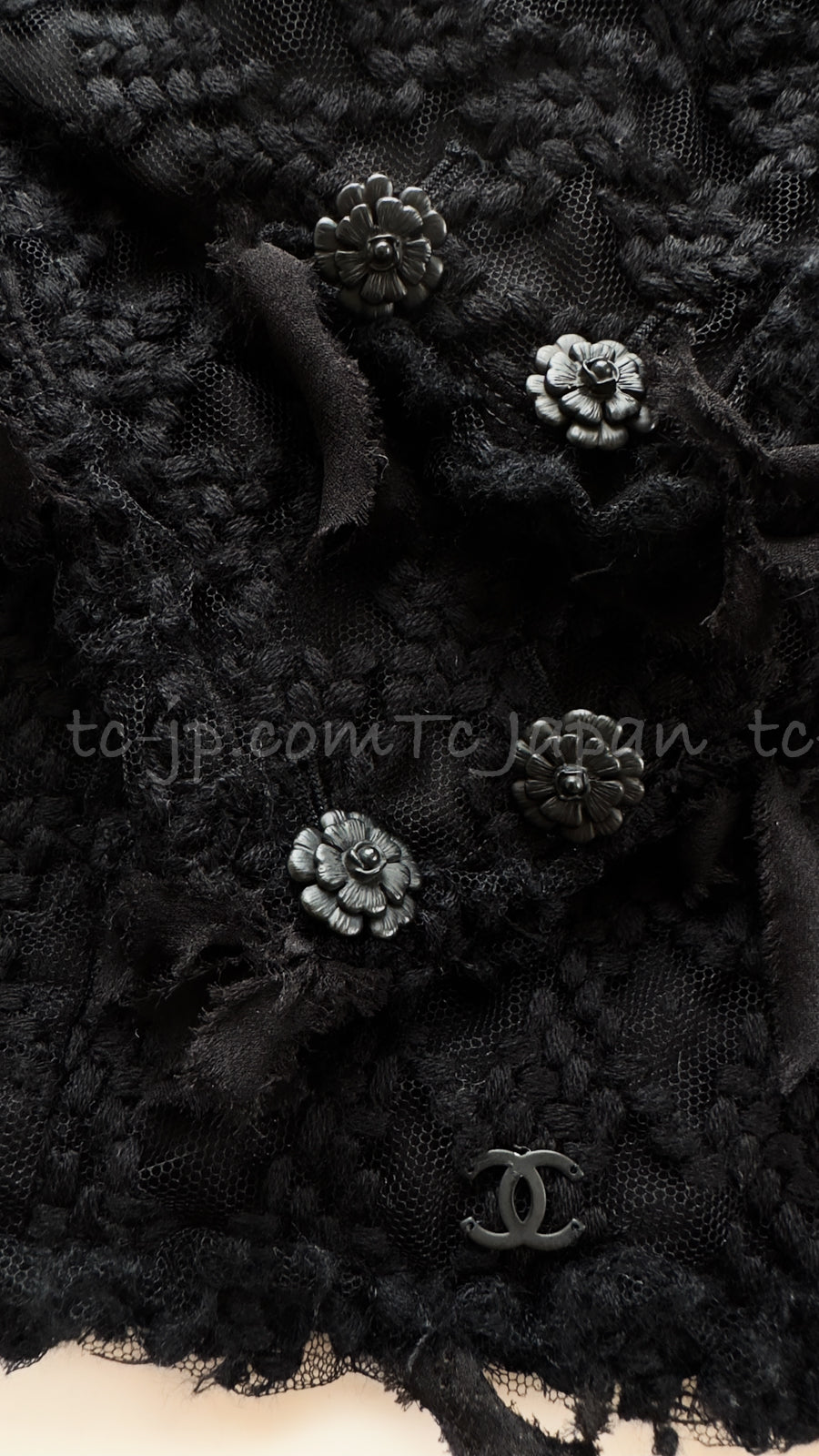 CHANEL 05C Black Chiffon Lace Camellia Buttons Jacket 38 44 シャネル ブラック・シフォン・レース・カメリアボタン・ジャケット 即発