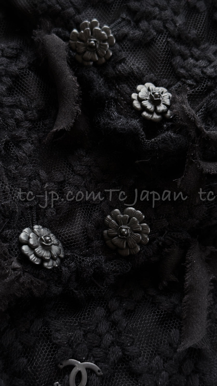 CHANEL 05C Black Chiffon Lace Camellia Buttons Jacket 38 44 シャネル ブラック・シフォン・レース・カメリアボタン・ジャケット 即発