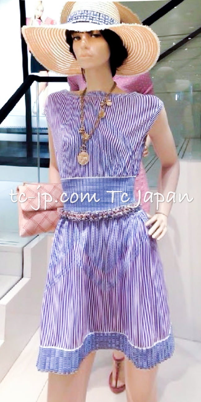 CHANEL 14S Navy White Stripe Stretch Knit Dress 34 シャネル ネイビー ストライプ ストレッチ ニット ワンピース 即発