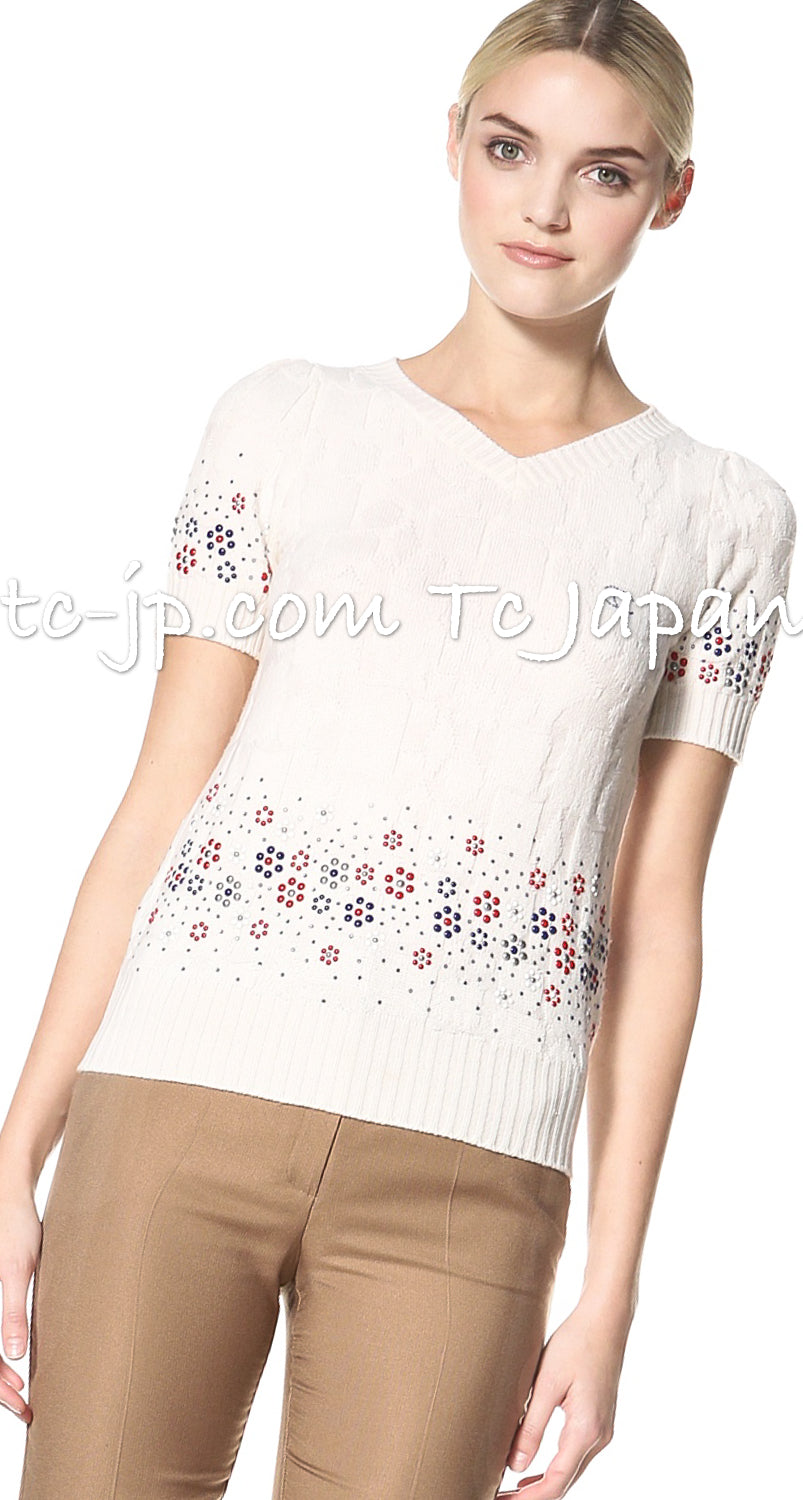 CHANEL 12C Ivory Cashmere 100% Swarovski Sweater Cardigan 34 36 38 シャネル アイボリー スワロフスキー カシミア セーター カーディガン 即発
