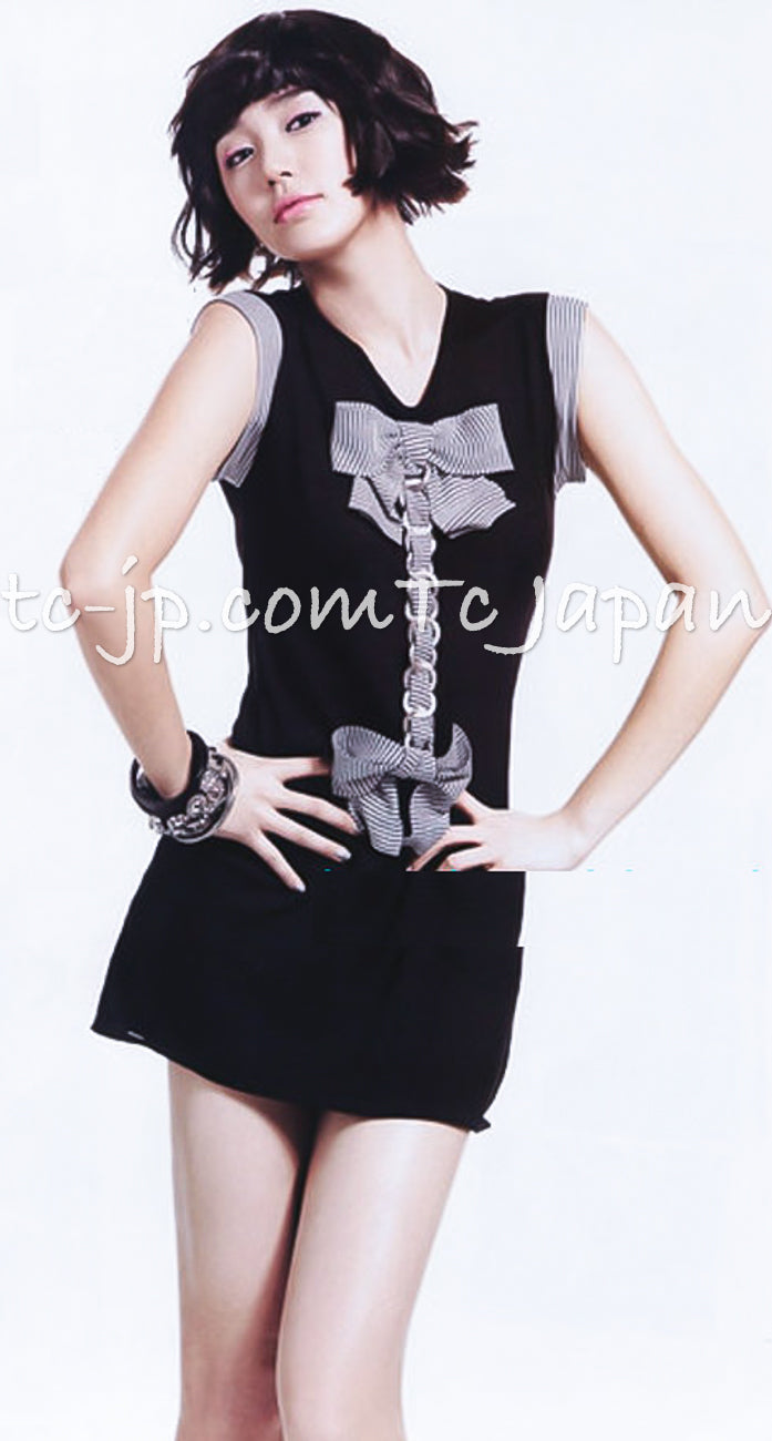 CHANEL 07S Black White Cashmere Silk Celebrity Bow Knit Tops 34 36 シャネル ブラック カシミア シルク セレブのリボン ニット トップス 即発