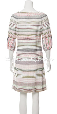 CHANEL 07S Multicolor Border CC Chain Charm Cotton Wool Dress 34 36 40 シャネル マルチカラー CC チェーン チャーム ボーダー コットン ウール ワンピース 即発