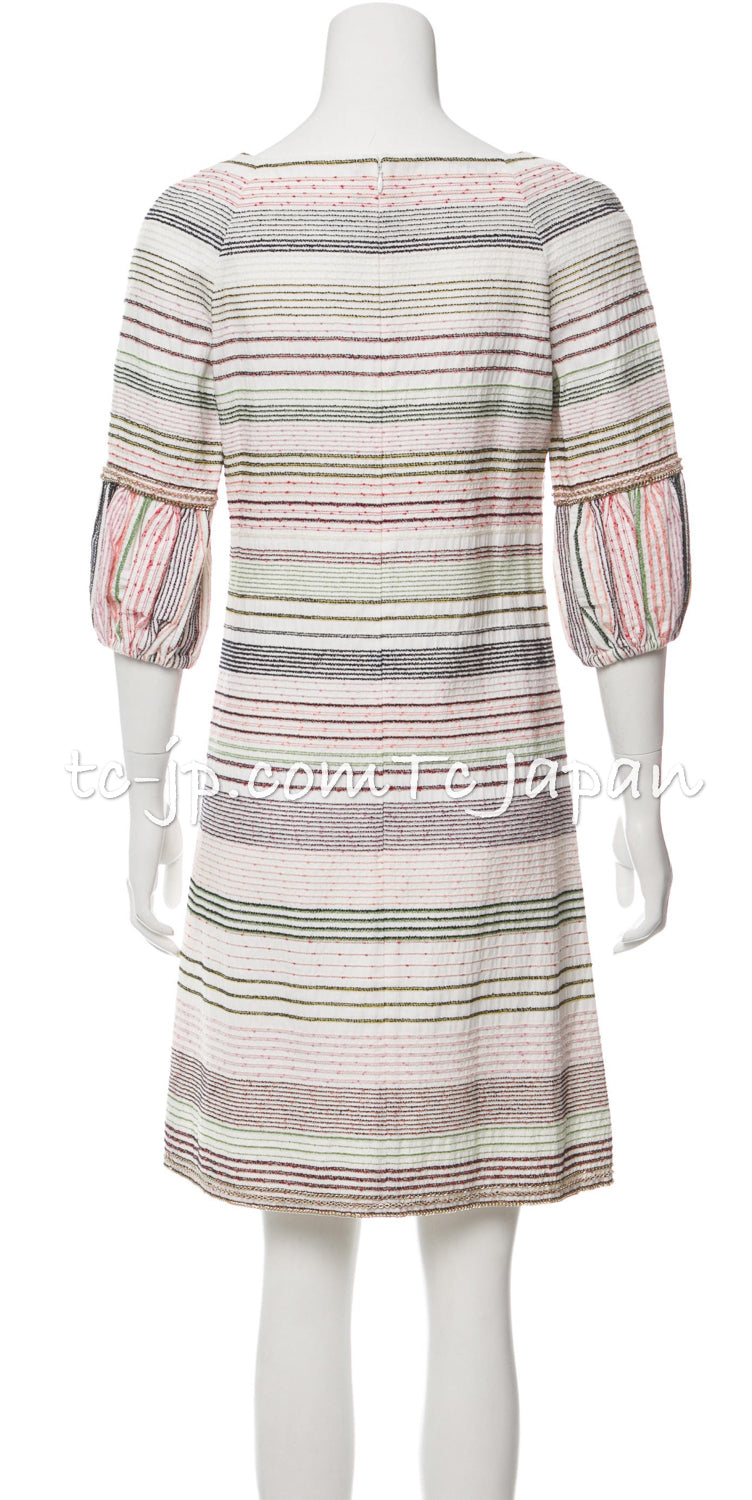 CHANEL 07S Multicolor Border CC Chain Charm Cotton Wool Dress 34 36 40 シャネル マルチカラー CC チェーン チャーム ボーダー コットン ウール ワンピース 即発
