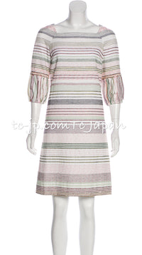CHANEL 07S Multicolor Border CC Chain Charm Cotton Wool Dress 34 36 40 シャネル マルチカラー CC チェーン チャーム ボーダー コットン ウール ワンピース 即発