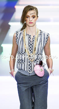 CHANEL 01S Beige Navy Knit Sequin Vest Tops 38 シャネル ベージュ ネイビー スパンコール ニット ベスト トップス 即発
