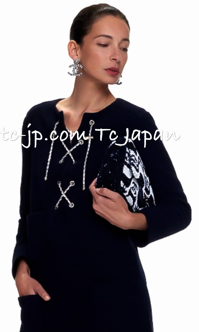 CHANEL 21PS Navy Chain Link Accent Cotton Dress 34 シャネル ネイビー チェーン装飾 コットン ワンピース 即発
